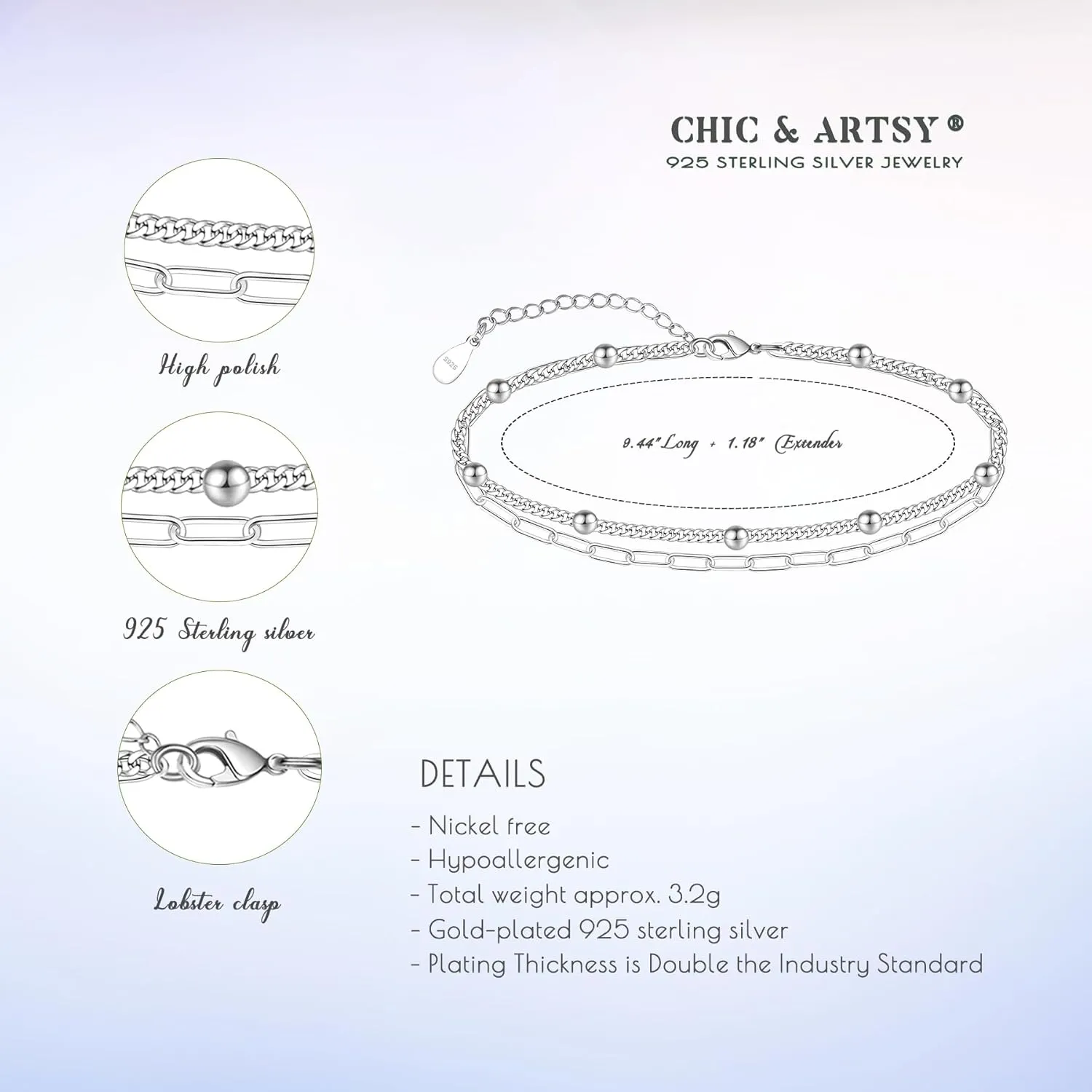 CHIC & ARTSY Anklet 925 Sterling Silver Chain Anklet Bracelet Sexy Beach Ankle Bracelet for Women Anklets Adjustable