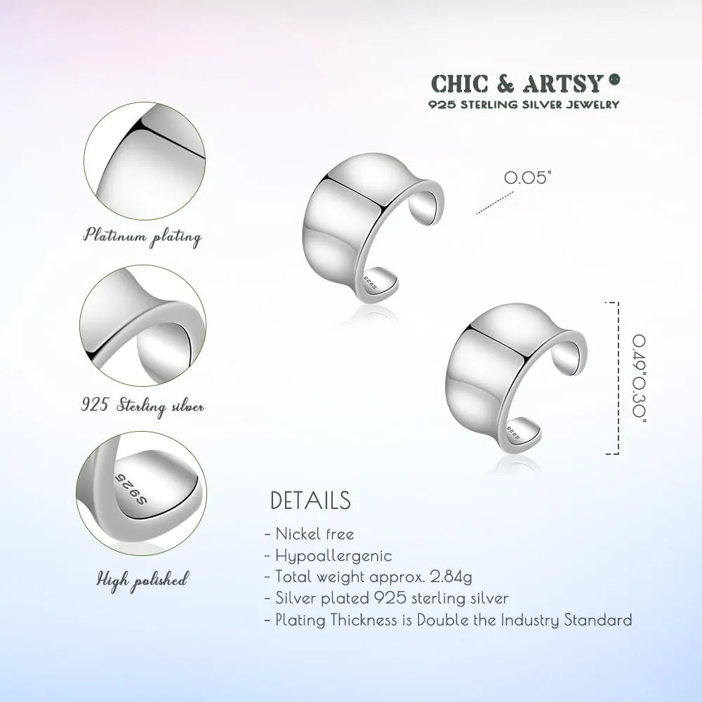 CHIC & ARTSY Sterling Silver Ear Cuff Earrings - Hypoallergenic, Simple Line, Adjustable No Piercing Clip Ons for Women