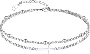 CHIC & ARTSY Womens Sterling Silver Created Opal Layered Anklet Bracelet Dainty Beaded Chain Adjustable 11" Best Friend Anklet