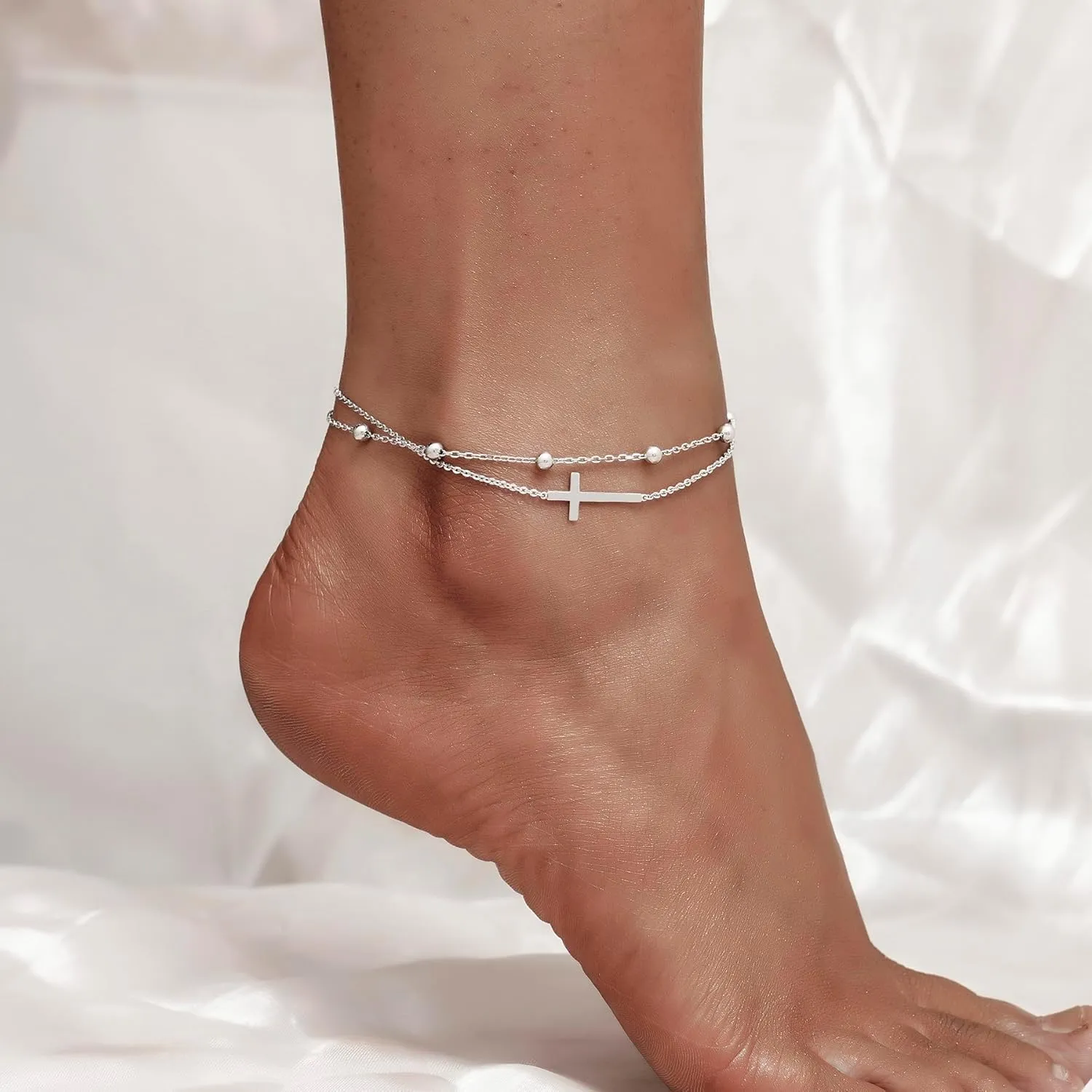 CHIC & ARTSY Womens Sterling Silver Created Opal Layered Anklet Bracelet Dainty Beaded Chain Adjustable 11" Best Friend Anklet