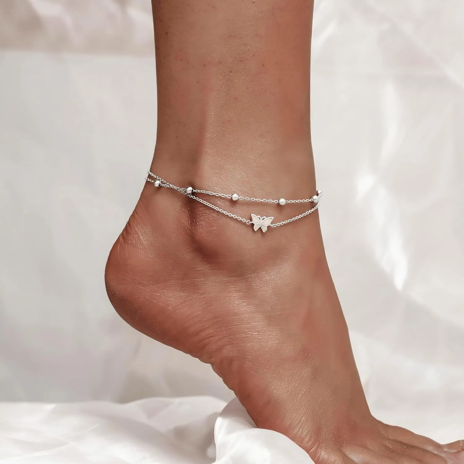 CHIC & ARTSY Womens Sterling Silver Created Opal Layered Anklet Bracelet Dainty Beaded Chain Adjustable 11" Best Friend Anklet