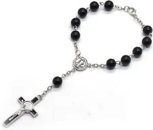 Chic Black Glass Beads Rosary Bracelet for Cross Rosary Bracelet Catholicism Prayer Religious Jewelry for Daily Wear Glass Alloy