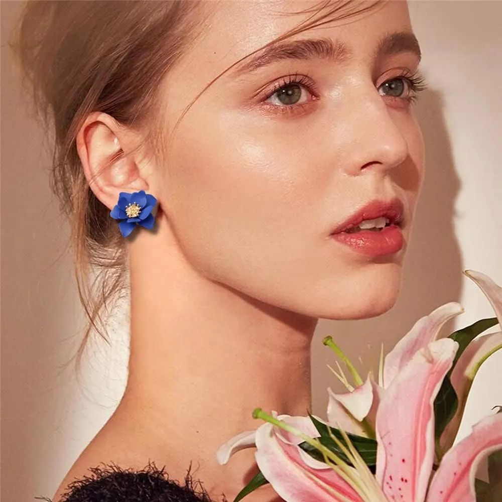 Chic Cute Boho Matte Flower Statement Stud Earrings with Gold Flower Bud for Women Sister Mom Lover and Friends