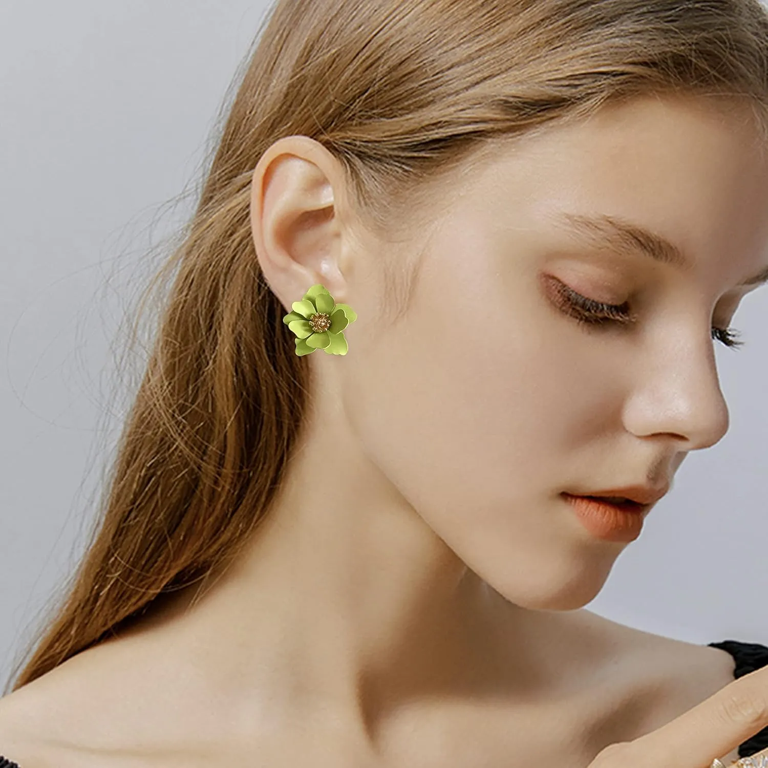 Chic Cute Boho Matte Flower Statement Stud Earrings with Gold Flower Bud for Women Sister Mom Lover and Friends