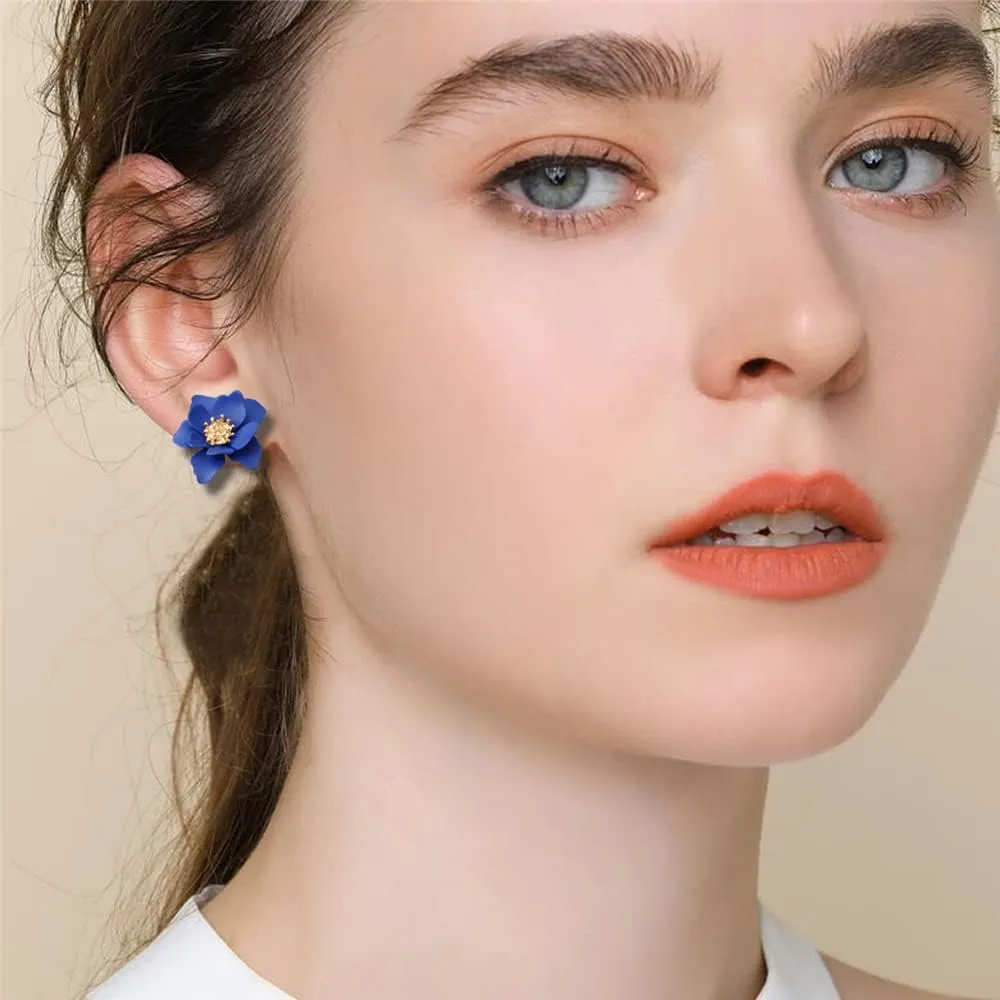 Chic Cute Boho Matte Flower Statement Stud Earrings with Gold Flower Bud for Women Sister Mom Lover and Friends