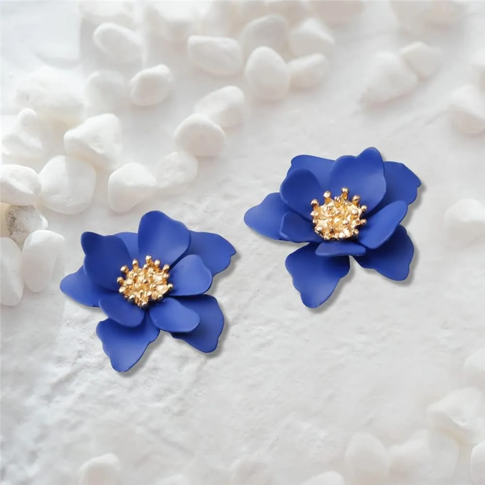 Chic Cute Boho Matte Flower Statement Stud Earrings with Gold Flower Bud for Women Sister Mom Lover and Friends