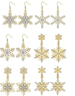 Christmas Snowflake Dangle Earrings for Women Crystal Snowflake Winter Flower Hook Drop Earrings Jewelry for Christmas Holiday Gifts 6 Pairs