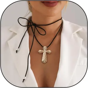Chunky Gold Cross Pearl Pendant Necklace, Vintage Layered Knotted Black Velvet Rope Tied Necklace, Unique Punk Gothic Edgy Jewelry Gift for Women