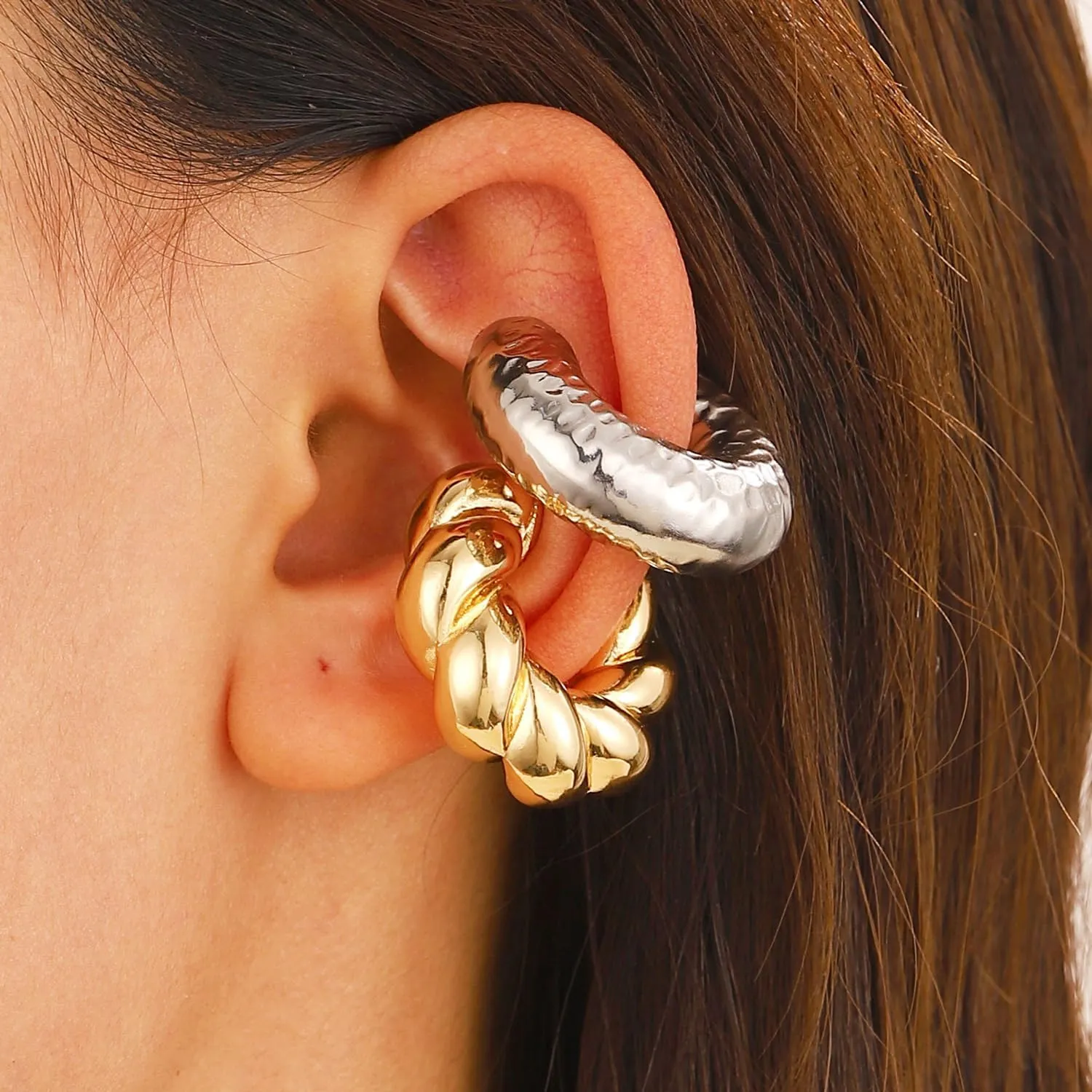 Chunky Gold Ear Cuff Earrings for Women Non Piercing, Hollow Thick Round Tube Ear Cartilage Clip Earrings Jewelry
