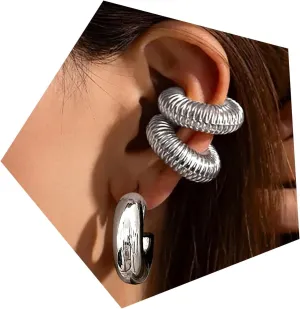 Chunky Gold Ear Cuffs Hoops Earrings For Women Trendy 14K Gold Silver Filled Thick Lightweight Open Hoop Earrings For Women Non Piercing Large Clip On Cartilage Non Tarnish Jewelry Gift