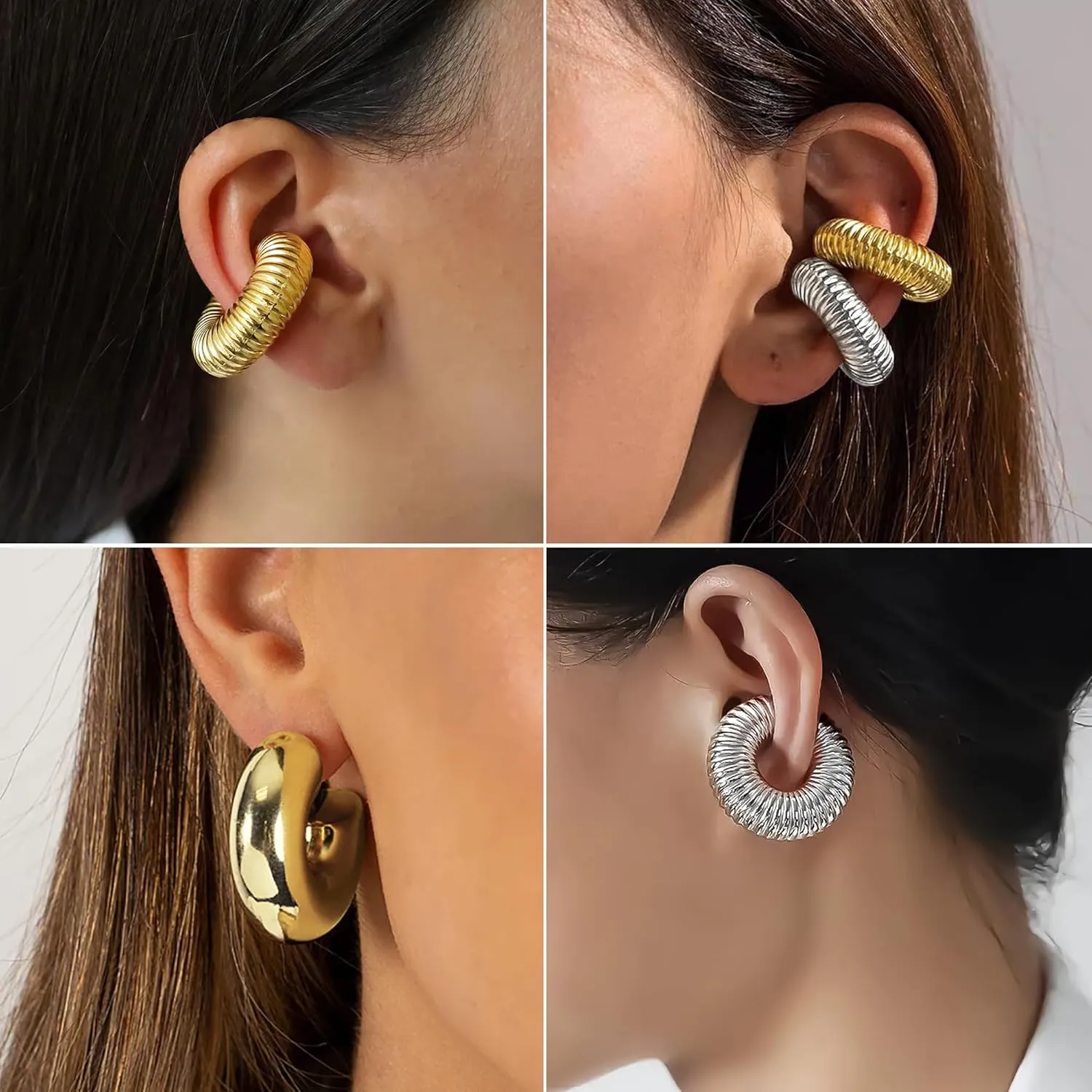 Chunky Gold Ear Cuffs Hoops Earrings For Women Trendy 14K Gold Silver Filled Thick Lightweight Open Hoop Earrings For Women Non Piercing Large Clip On Cartilage Non Tarnish Jewelry Gift