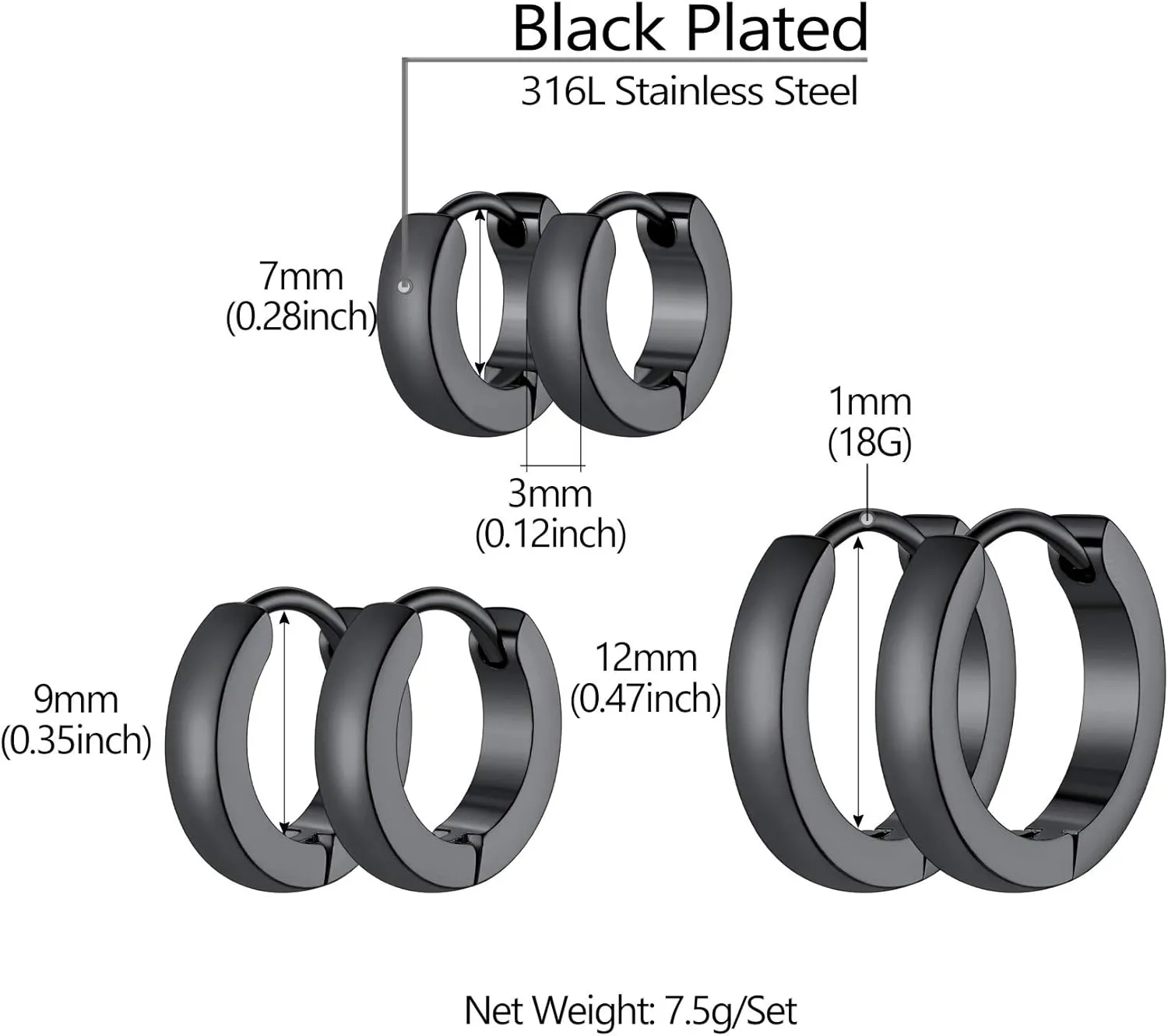 Classic 3/4/5 Pairs Small Hoop Earrings for Men Women Gold/Silver/Black Stainless Steel Huggie Hoop Earring Hypoallergenic Piercing Jewelry Set 7/9/12/14/16mm