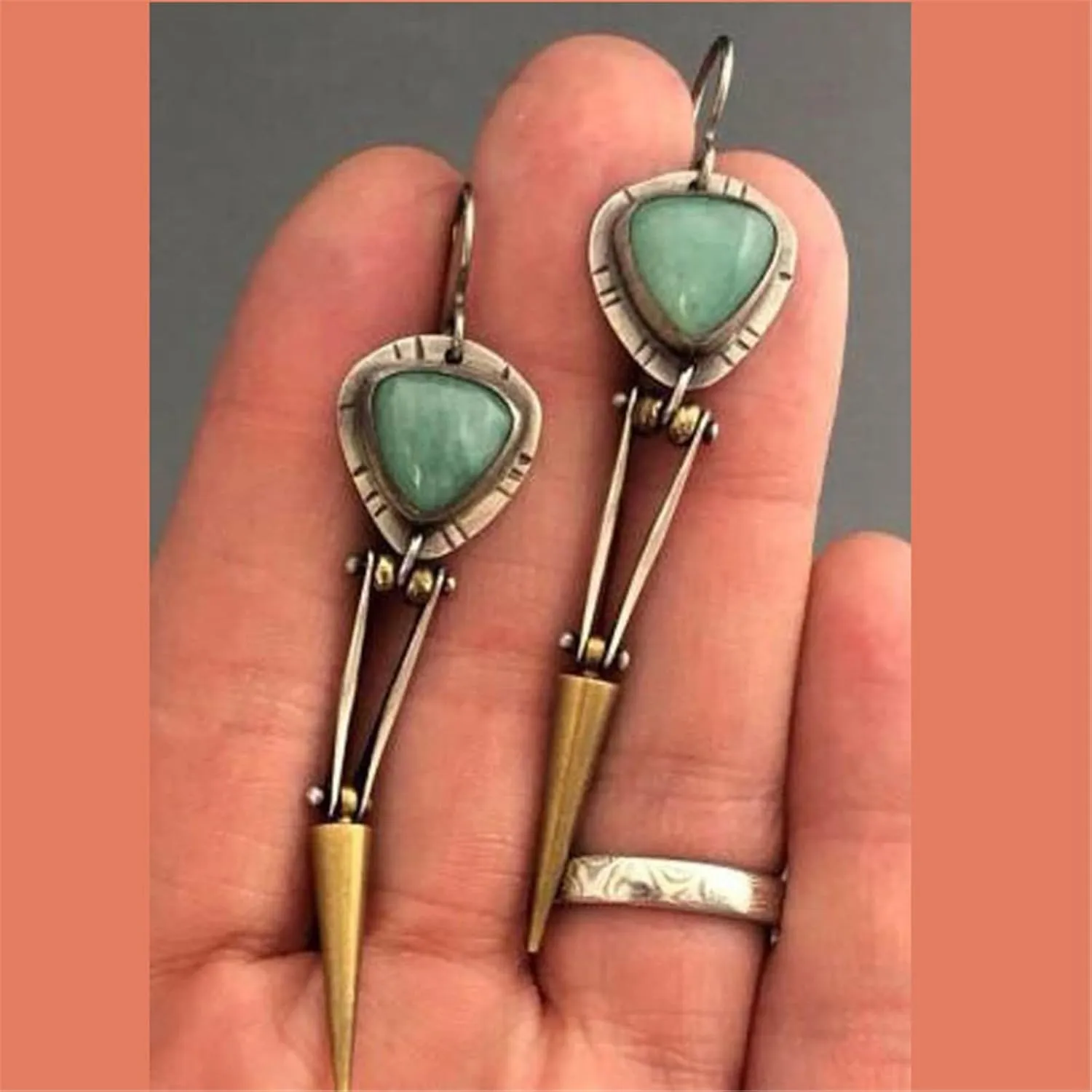 coadipress Long Turquoise Stone Earrings for Women Handmade Vintage Unique Chic Boho Geometric Statement Creative Ethnic Natural Gemstone Hoop Dangle Earrings Jewelry