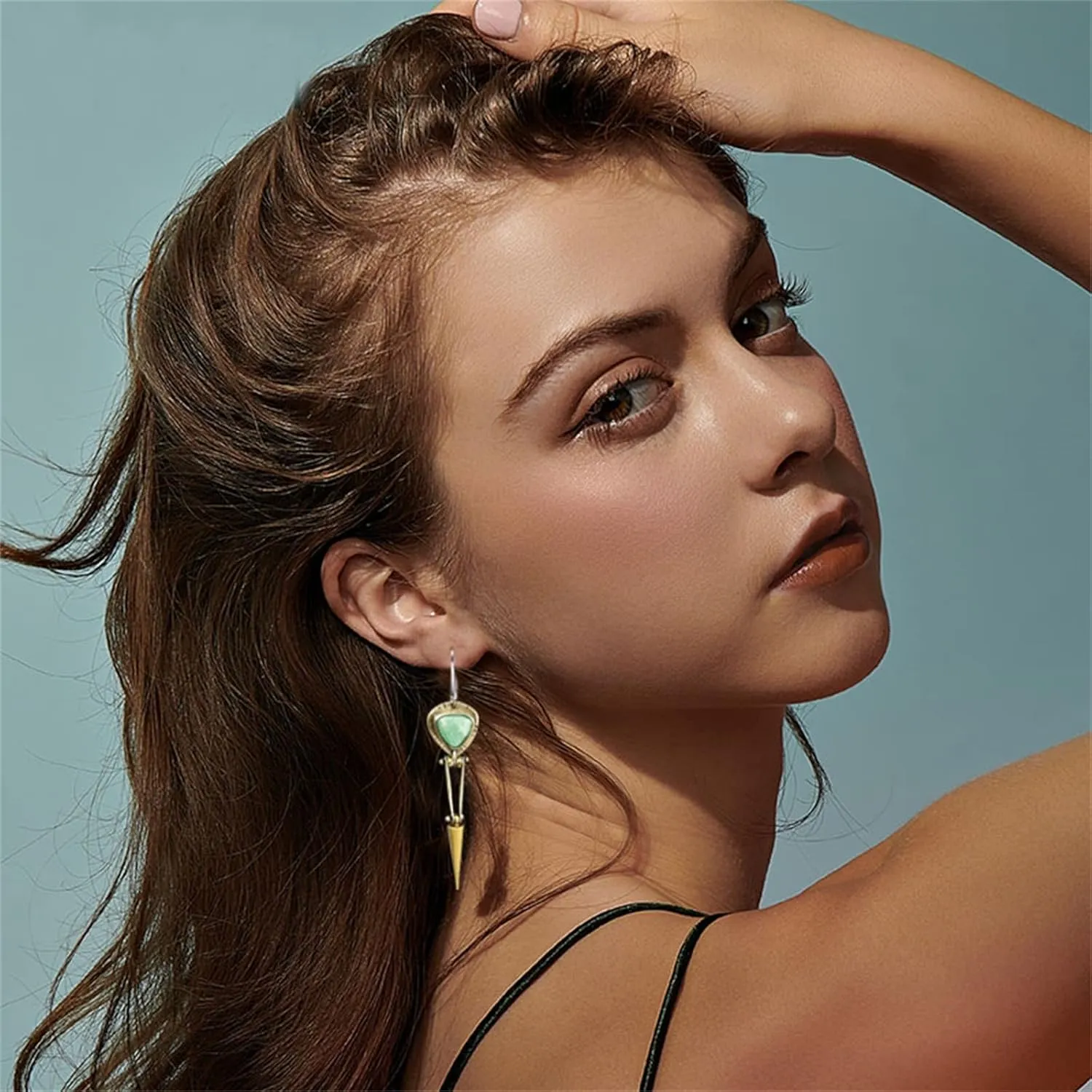 coadipress Long Turquoise Stone Earrings for Women Handmade Vintage Unique Chic Boho Geometric Statement Creative Ethnic Natural Gemstone Hoop Dangle Earrings Jewelry