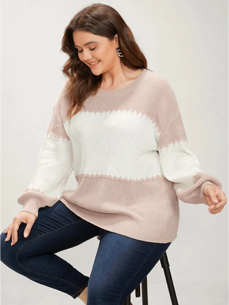 Colorblock Contrast Pointelle Knit Lantern Sleeve Round Neck Knit Top