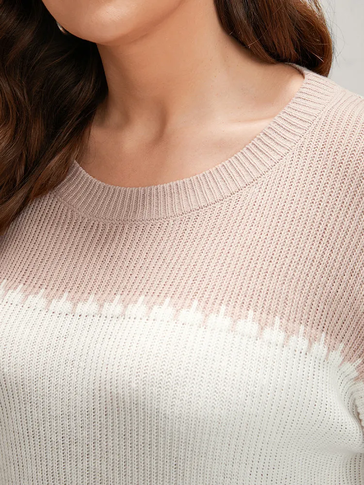 Colorblock Contrast Pointelle Knit Lantern Sleeve Round Neck Knit Top