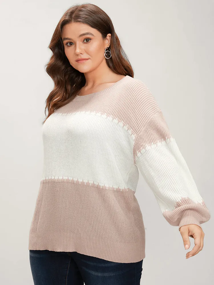 Colorblock Contrast Pointelle Knit Lantern Sleeve Round Neck Knit Top
