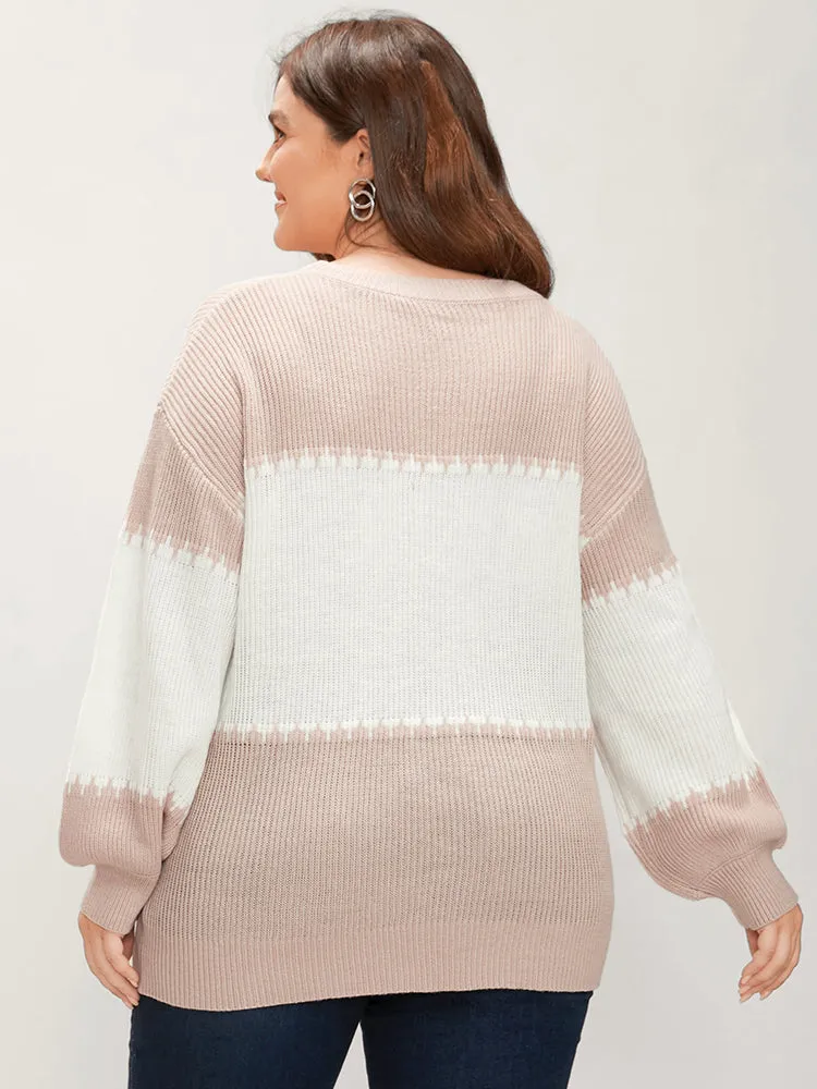 Colorblock Contrast Pointelle Knit Lantern Sleeve Round Neck Knit Top