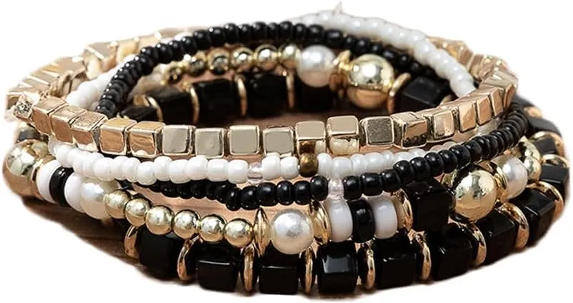 COLORFUL BLING 5Pcs/Set Bohemian Stackable Beads Bracelet for Women Multilayer Boho Seed Statement Stretch Strand Bracelet Friendship Women Jewelry