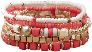 COLORFUL BLING 5Pcs/Set Bohemian Stackable Beads Bracelet for Women Multilayer Boho Seed Statement Stretch Strand Bracelet Friendship Women Jewelry