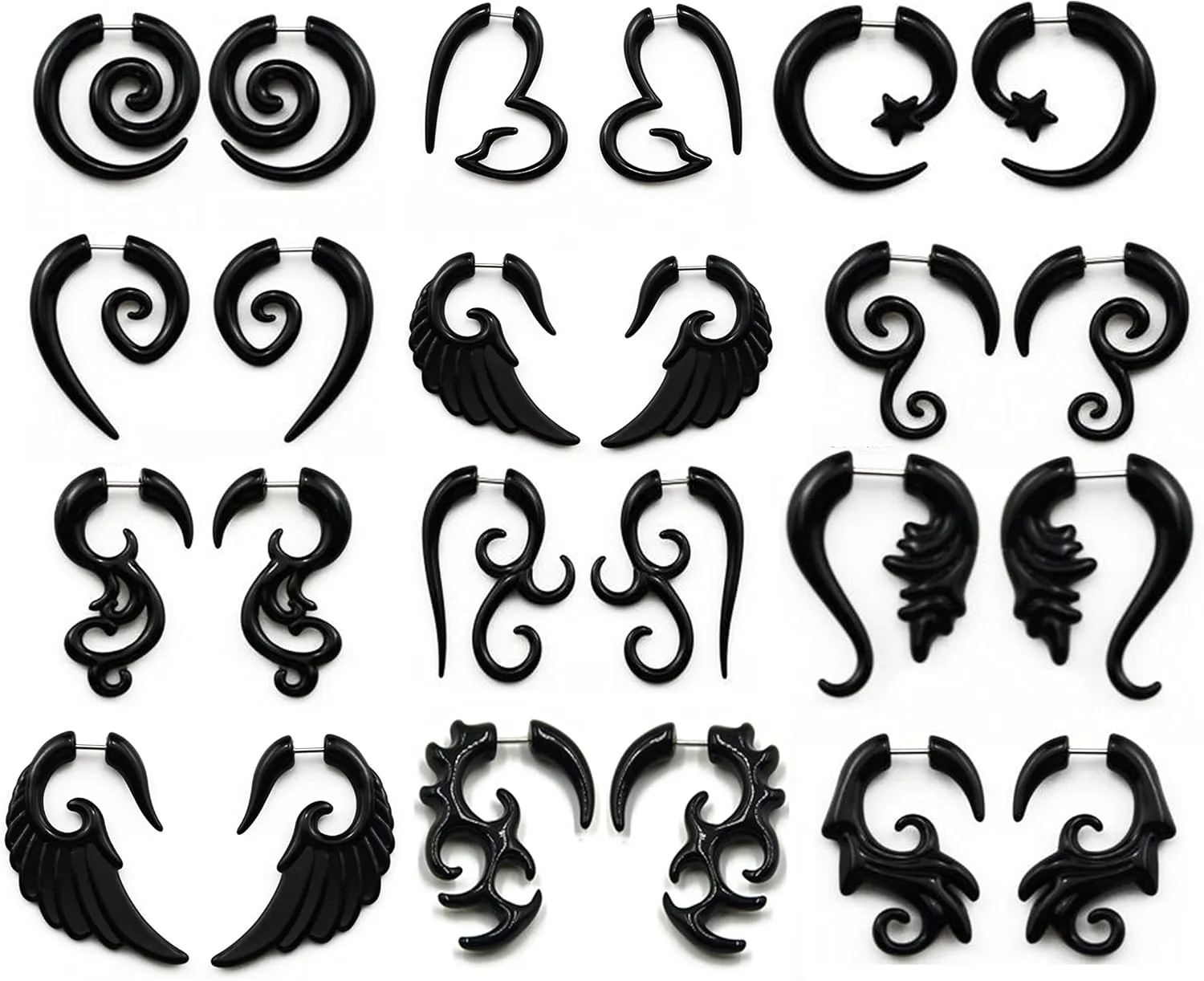 COLORFUL BLING 6-12Pairs Stainless Steel Punk Black Tribal Spiral Fake Gauges Acrylic Ear Tapers Fake Plugs Horn Stud Earrings Tunnel Body Piercing Jewelry