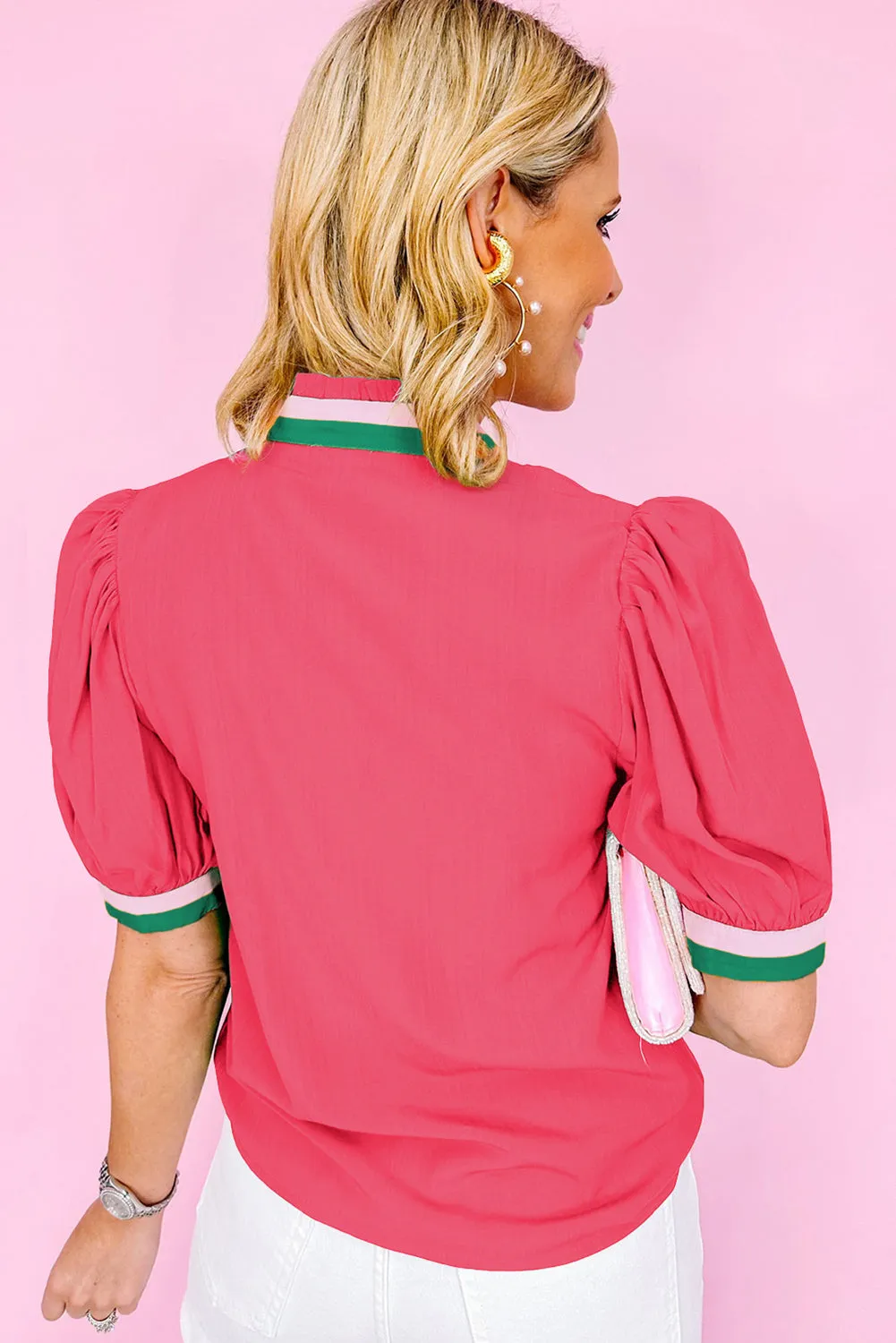 Colorful Trim V Neck Short Sleeve Blouse