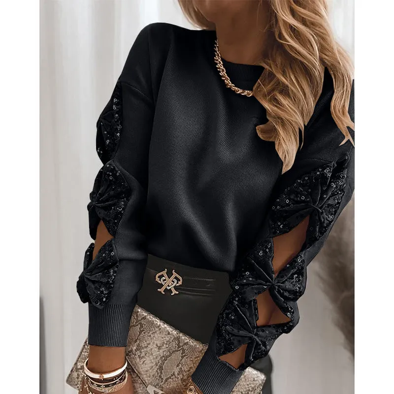 Contrast Sequin Bowknot Decor Long Sleeve Ribbed Top