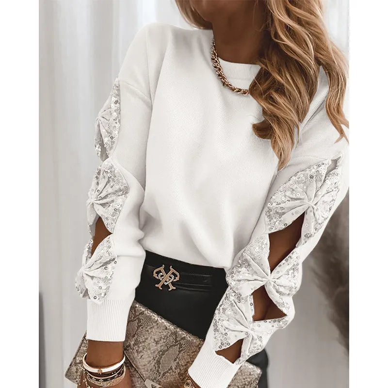 Contrast Sequin Bowknot Decor Long Sleeve Ribbed Top