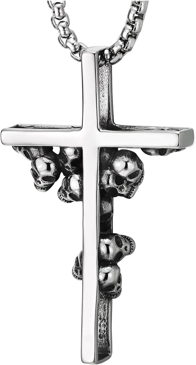 COOLSTEELANDBEYOND Mens Stainless Steel Skull Cross Pendant Necklace, Gothic Edgy Statement Jewelry, Biker Rock