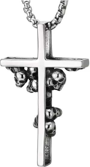 COOLSTEELANDBEYOND Mens Stainless Steel Skull Cross Pendant Necklace, Gothic Edgy Statement Jewelry, Biker Rock