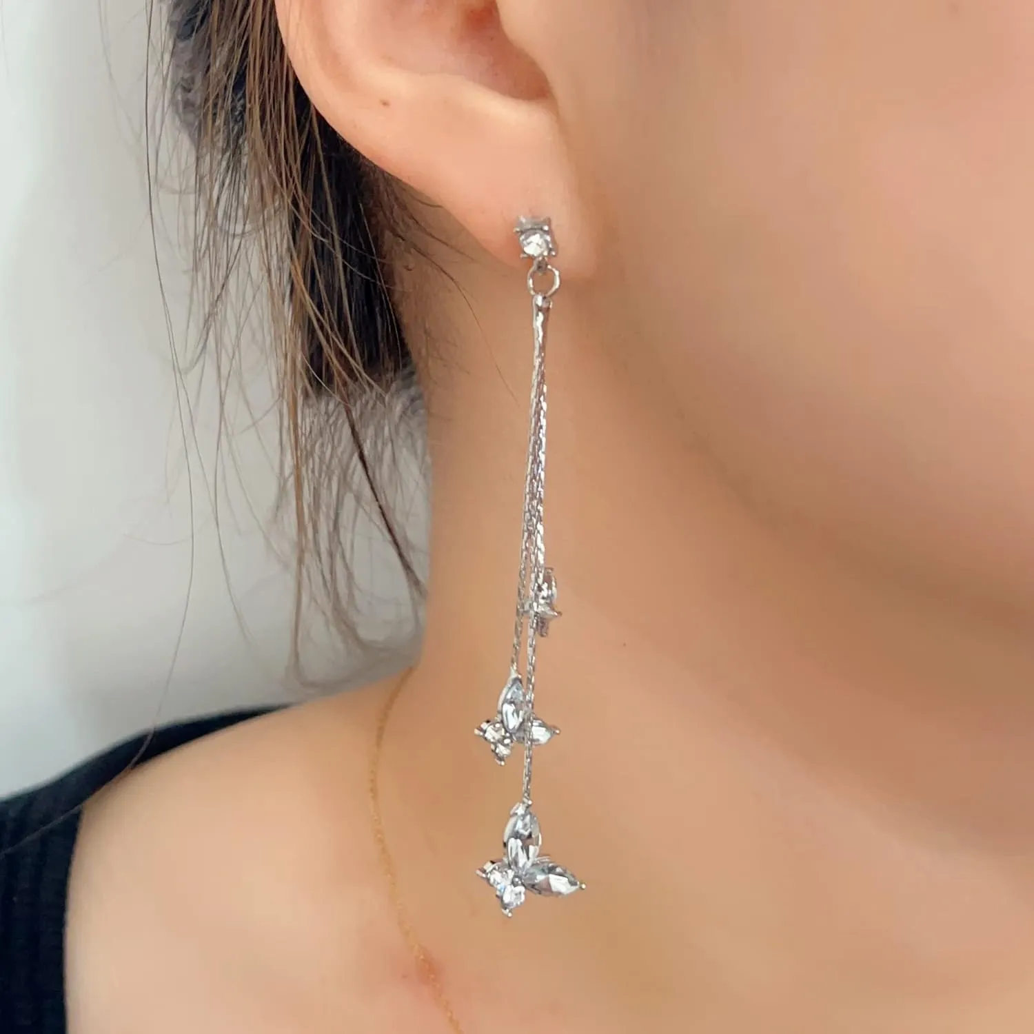 Crystal Butterfly Tassel Earrings Sparkle Rhinestone Butterfly Drop Earrings Jewelry