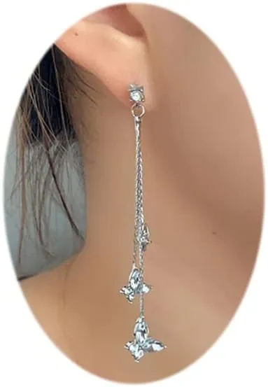 Crystal Butterfly Tassel Earrings Sparkle Rhinestone Butterfly Drop Earrings Jewelry