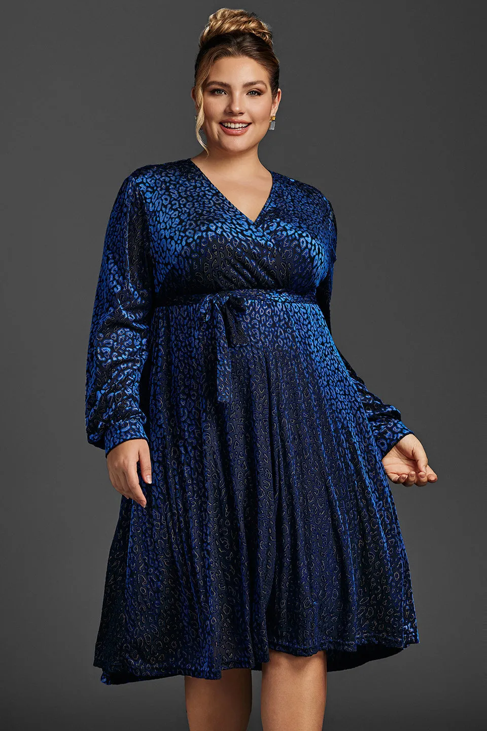 Curveins Plus Size Leopard Velvet Wrap Midi Dress