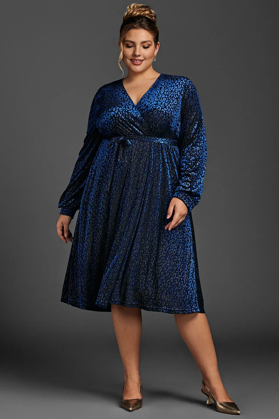 Curveins Plus Size Leopard Velvet Wrap Midi Dress