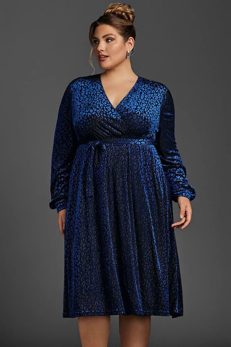 Curveins Plus Size Leopard Velvet Wrap Midi Dress