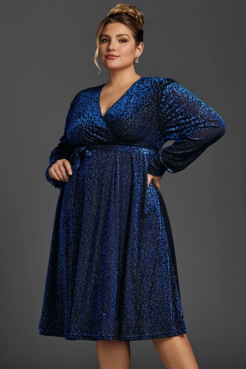 Curveins Plus Size Leopard Velvet Wrap Midi Dress