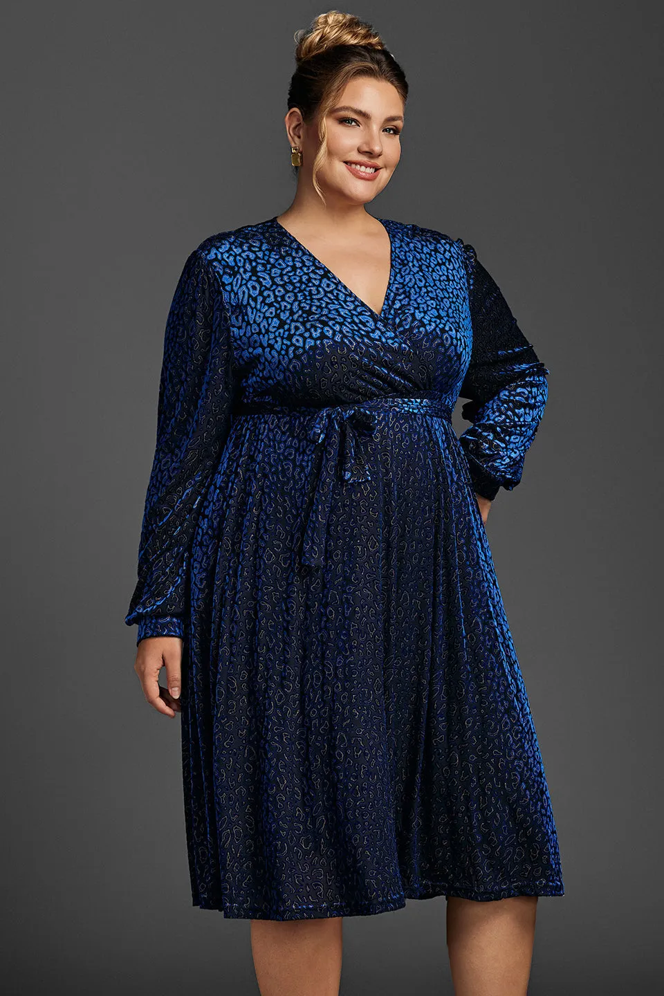 Curveins Plus Size Leopard Velvet Wrap Midi Dress