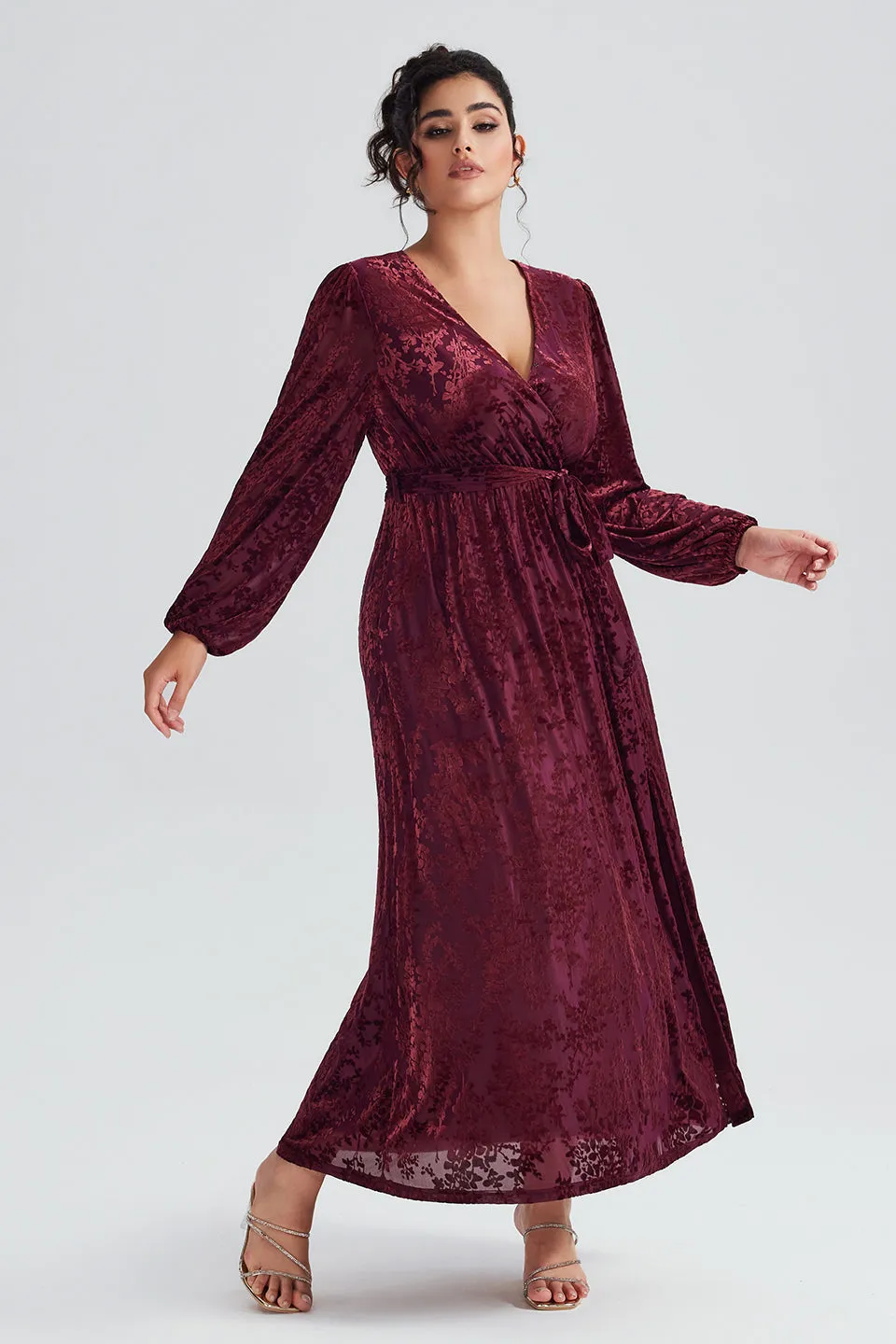 Curveins Plus Size Velvet Wrap Maxi Dress-Vintage Cocktail Style