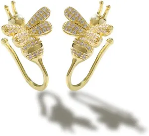 Cute Bee Ear Cuff Earrings 14K Gold Plated CZ Crystal Cartilage Wrap Non Piercing Clip Earring for Women Hypoallergenic