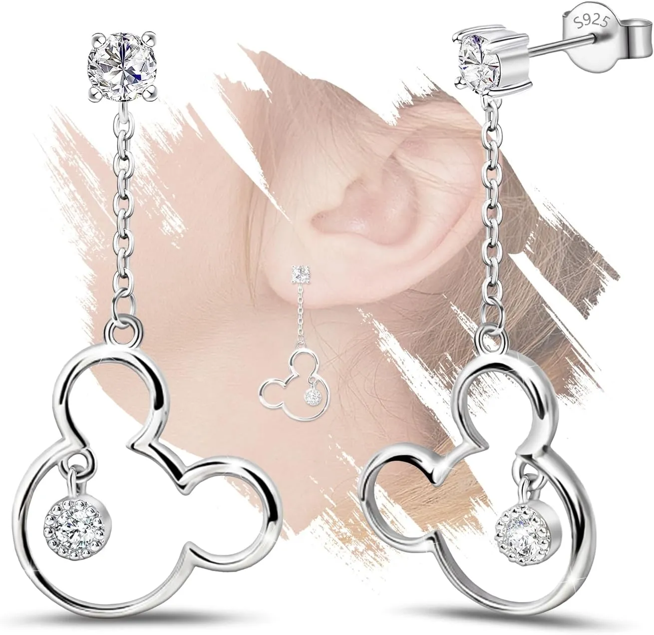 Cute Stud Earrings for Girls Teens Women - Sterling Silver Hypoallergenic Cubic Zirconia Mouse Drop Dangle Earrings Dainty Sweet Red Bow Earrings Studs Post Fashion Jewelry Gifts for Christmas