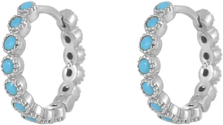 Cute Turquoise Huggie Hoop Small Earrings for Women Cartilage 925 Sterling Silver Beaded Hypoallergenic Pierced Sleeper Cuffs 10mm Hoops Earring Dainty Birthday Christmas Jewelry Gifts for Everyday