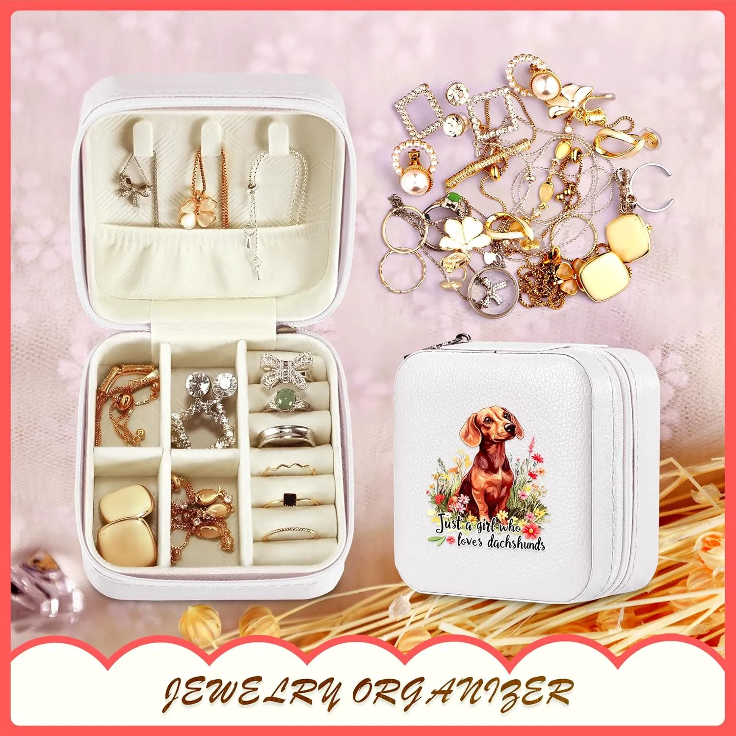 Dachshund Jewelry Box, Gifts For Kids Teens Girls Age 8-12, Dachshund Lovers Stuff Items Accessories Things Merchandise Decor Merch, Travel Ring Earrings Necklace Organizer Holder!