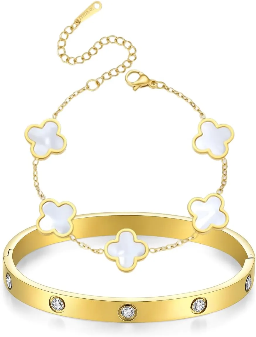 Dainty Gold Clover Bracelet Love Bangle Set Non Tarnish Gold Bracelet Stack and Black White Four Leaf Clover Bracelet Simple Cute Friendship Bangle Bracelets for Women Trendy Holiday Gifts