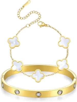 Dainty Gold Clover Bracelet Love Bangle Set Non Tarnish Gold Bracelet Stack and Black White Four Leaf Clover Bracelet Simple Cute Friendship Bangle Bracelets for Women Trendy Holiday Gifts