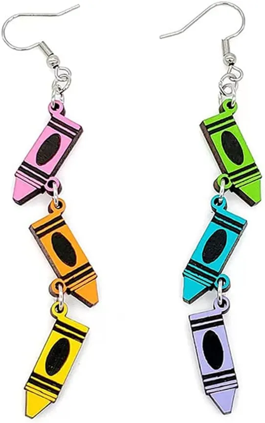 Double Sided Wooden Pencil Crayon Earrings Teacher Earrings for Women Handmade Funny Pencil Book Drop Dangle Earrings for Teachers Appreciation Day Back to Creative Jewelry Gifts (3 Painting brush Earrings)
