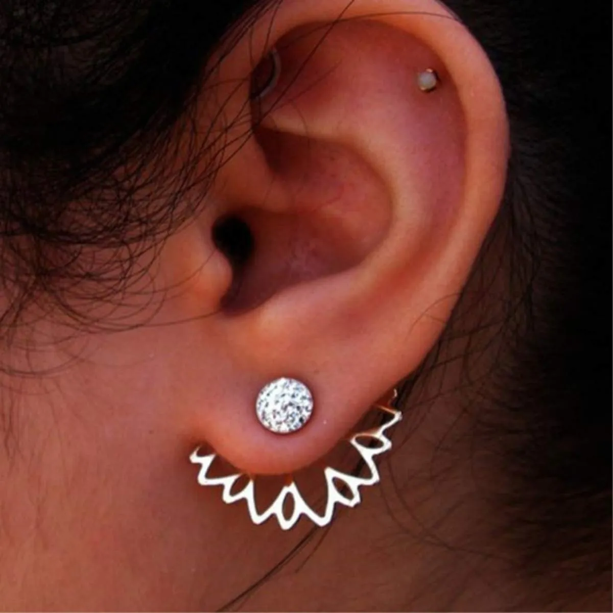 DoubleNine Lotus Flower Jacket Earrings Crystal Front Back Stud Earrings Simple Chic Jewelry for Women (silver)