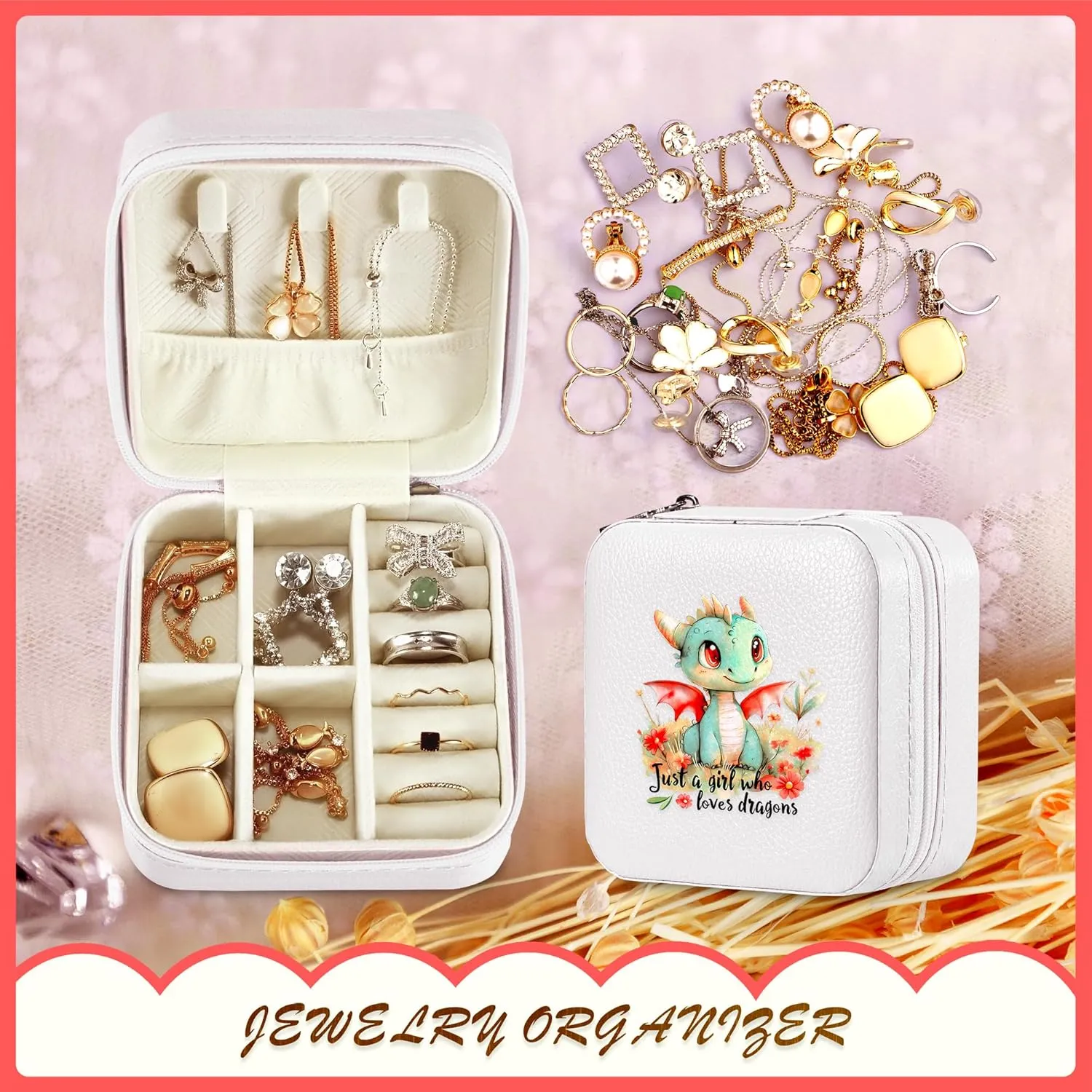 Dragon Jewelry Box, Gifts For Kids Teens Girls Age 8-12, Dragon Lovers Stuff Items Accessories Things Merchandise Decor Merch, Travel Ring Earrings Necklace Organizer Holder!