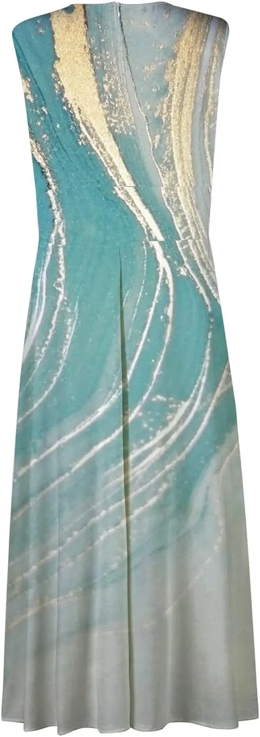Dresses for Women 2025 Spring Summer Elegant Wrap V Neck Sleeveless Maxi Dress,Trendy Marble Print Flowy Beach Dress