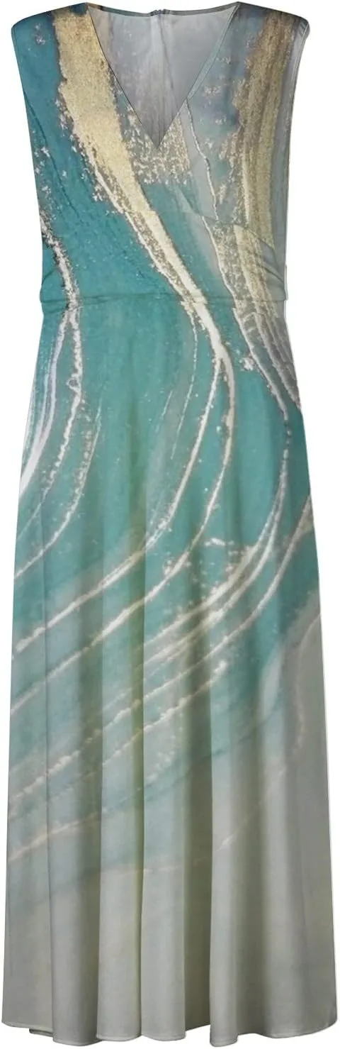 Dresses for Women 2025 Spring Summer Elegant Wrap V Neck Sleeveless Maxi Dress,Trendy Marble Print Flowy Beach Dress