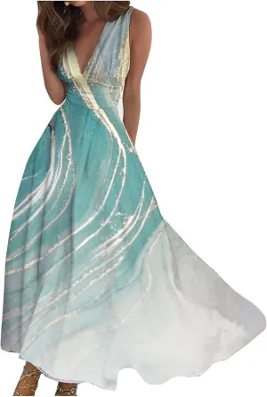 Dresses for Women 2025 Spring Summer Elegant Wrap V Neck Sleeveless Maxi Dress,Trendy Marble Print Flowy Beach Dress